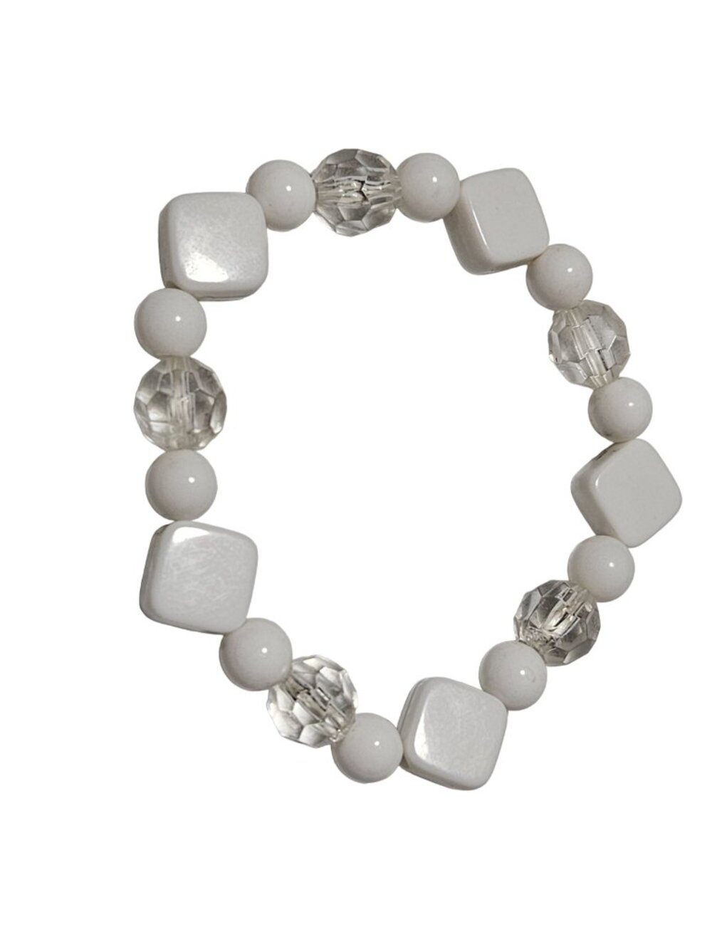 Classic Beaded Bracelet White Clear Round Square Beads Stretch Fashion Jewelry